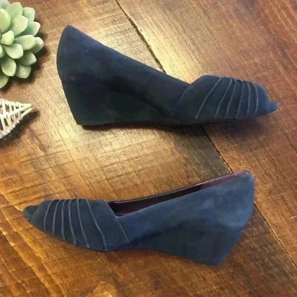 VANELi | Blue Suede Peep Toe Wedge Dress Shoes - Picture 3 of 5